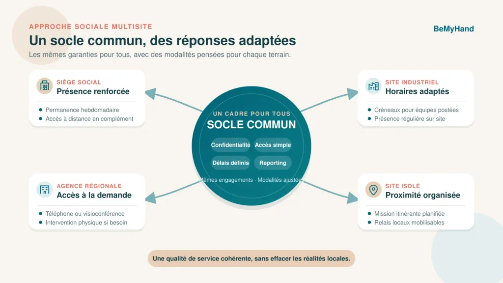 Schéma d’une approche sociale unifiée reliant un socle commun à plusieurs sites aux modalités d’accompagnement adaptées